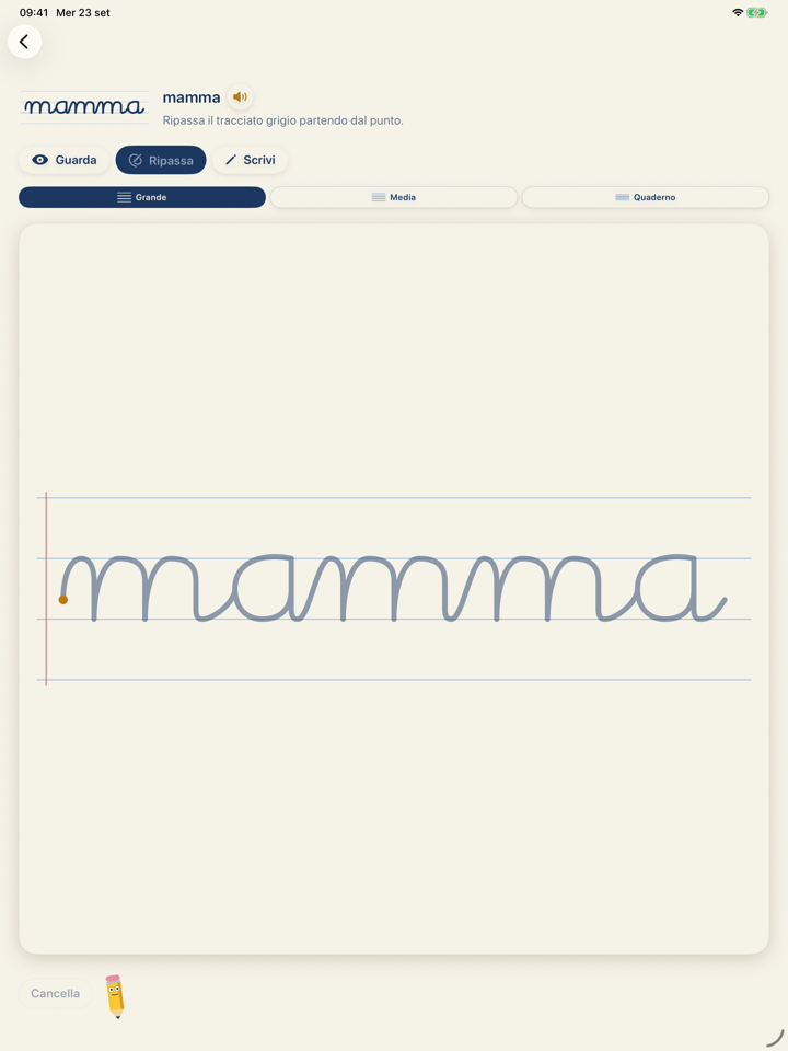 Corsivo Italiano su iPad: la parola mamma in corsivo sulle quattro righe guida