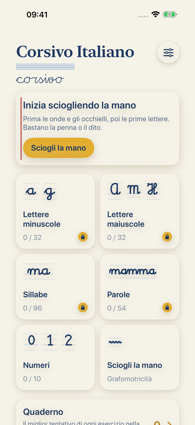 Corsivo Italiano su iPhone: schermata iniziale con lettere minuscole e maiuscole, sillabe, parole e numeri