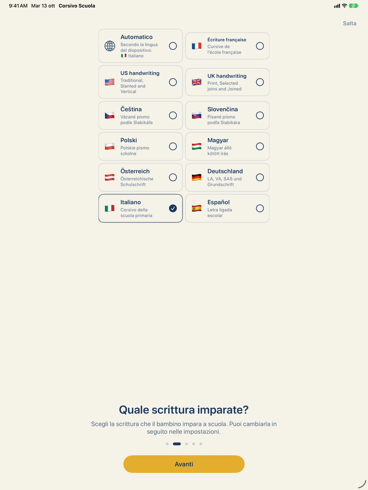 Scelta della scrittura nell'app: italiano, francese, scritture americane e britanniche, ceco, slovacco, polacco, ungherese, austriaco, tedesco e spagnolo