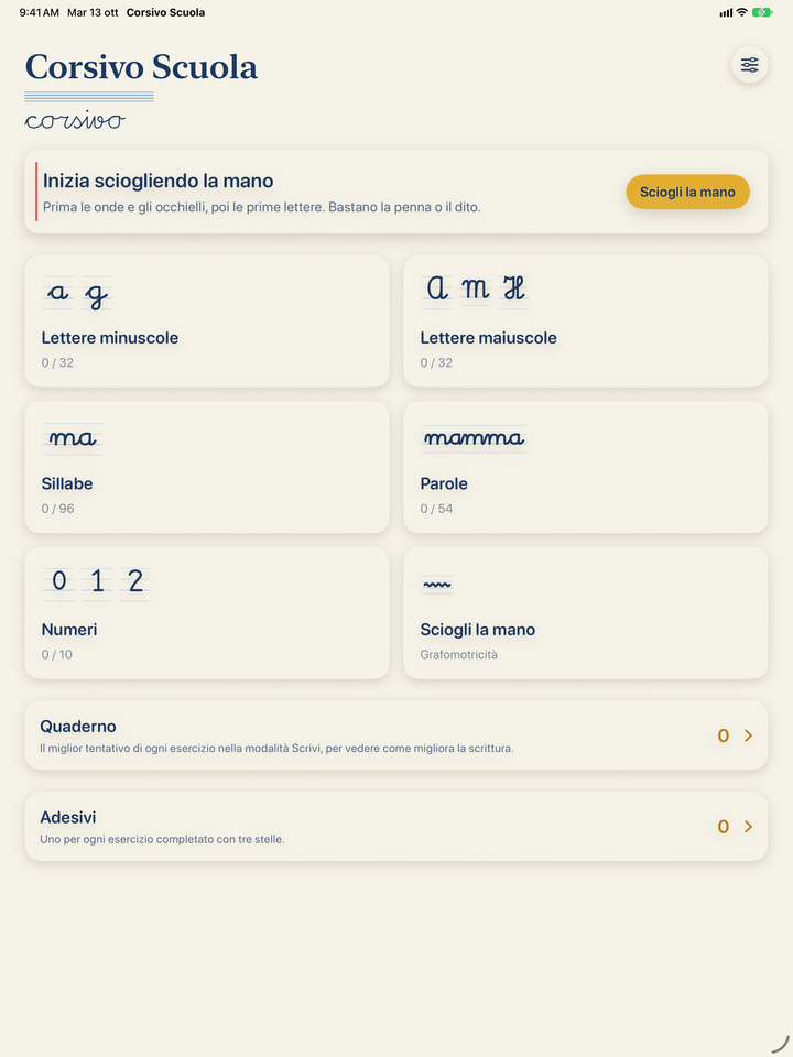 Corsivo Scuola su iPad: schermata iniziale con Lettere minuscole, Lettere maiuscole, Sillabe, Parole, Numeri e Sciogli la mano