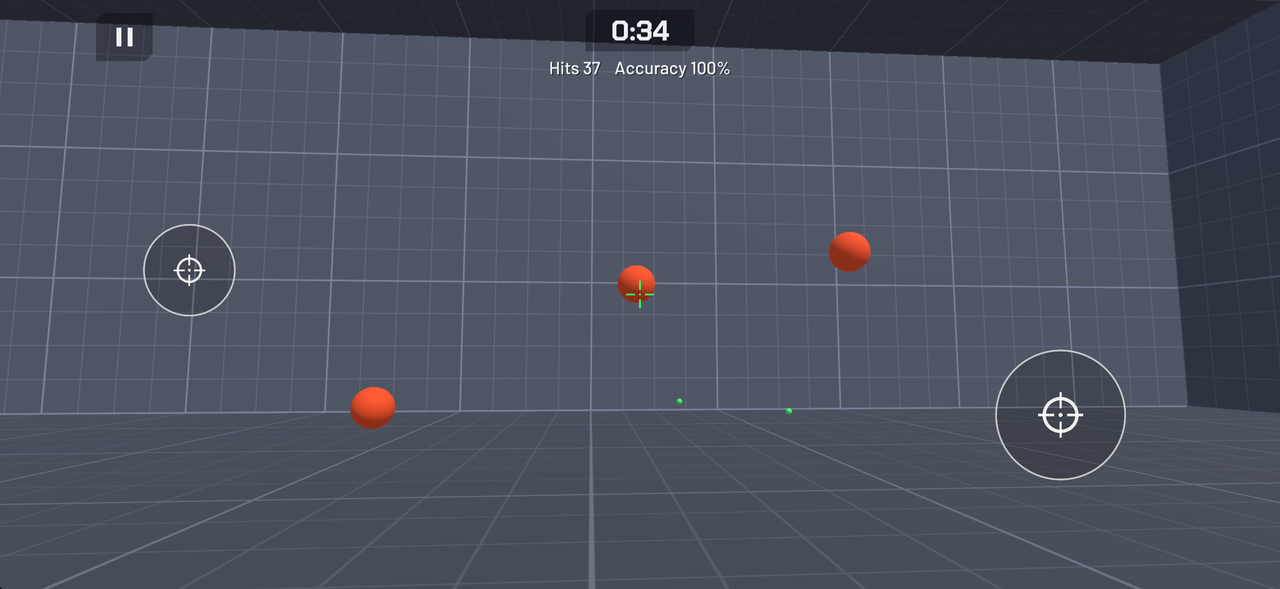 GyroDrill Gridshot drill: orange targets in a grid room, the crosshair on one of them