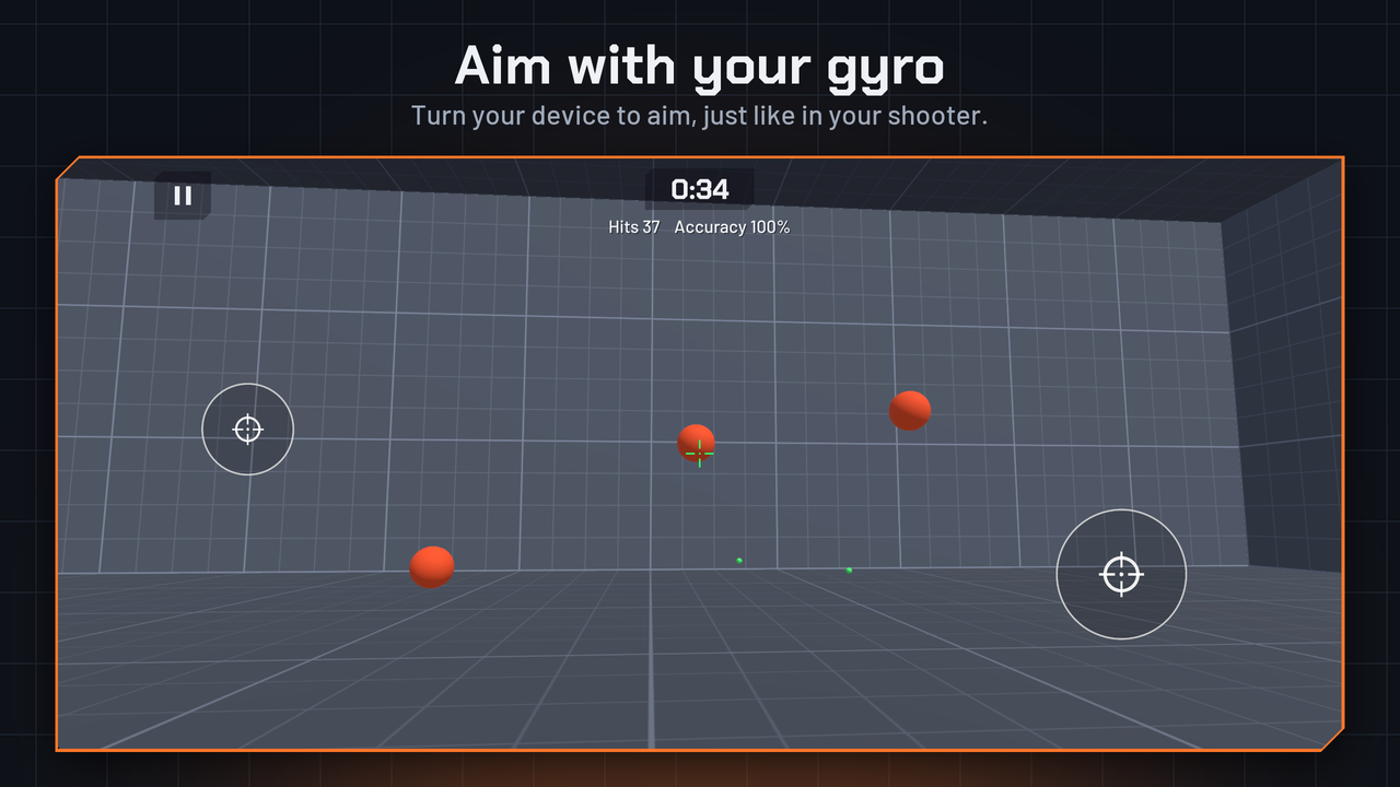 GyroDrill Gridshot drill on an Android phone: three orange targets in a grid room, the crosshair on one, 34 seconds left, 37 hits at 100% accuracy, captioned Aim with your gyro