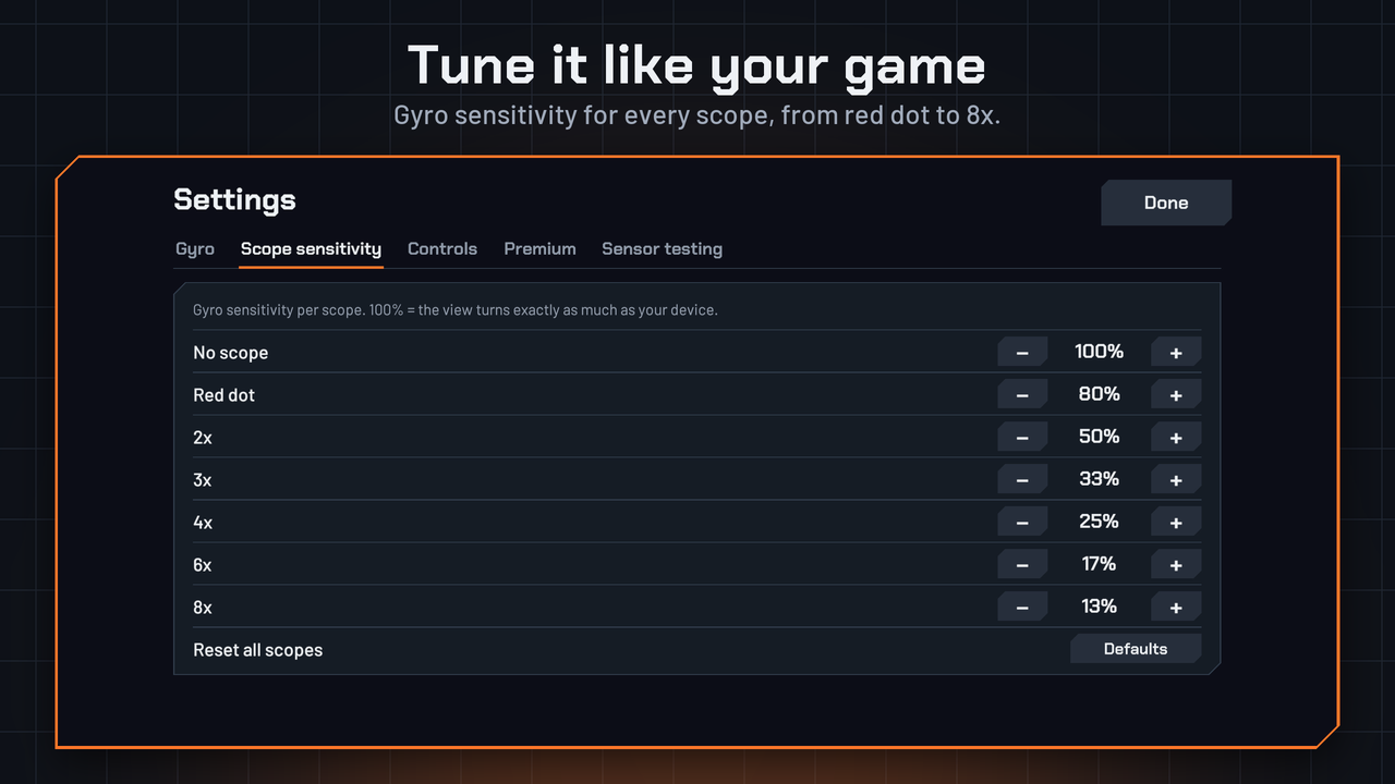 GyroDrill scope sensitivity settings: no scope 100%, red dot 80%, 2x 50%, 3x 33%, 4x 25%, 6x 17% and 8x 13%, captioned Tune it like your game