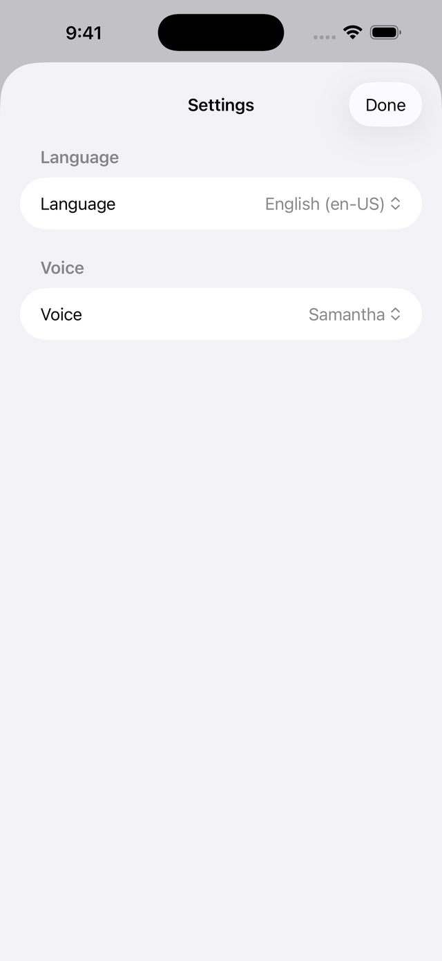 Lost My Voice settings screen with language and voice pickers