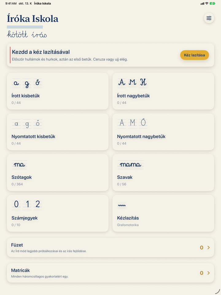 Íróka Iskola iPaden: kezdőképernyő írott és nyomtatott kis- és nagybetűkkel, szótagokkal, szavakkal, számjegyekkel és kézlazítással