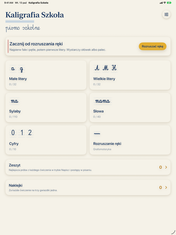Kaligrafia Szkoła na iPadzie: ekran główny z kafelkami Małe litery, Wielkie litery, Sylaby, Słowa, Cyfry i Rozruszanie ręki