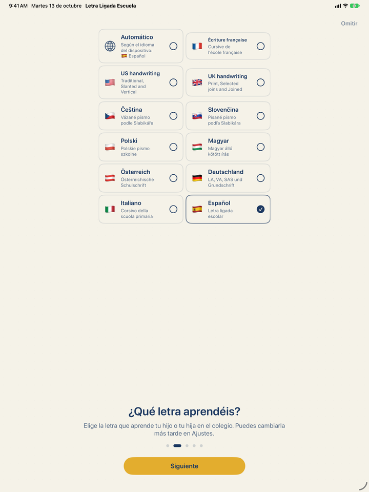 Elección de la letra en la app: español, checo, eslovaco, francés, letra de Estados Unidos y del Reino Unido, polaco, húngaro, letra austriaca y alemana, e italiano