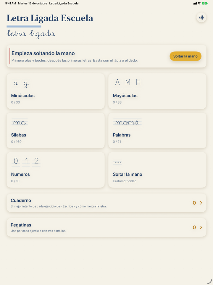 Letra Ligada Escuela en el iPad: pantalla de inicio con Minúsculas, Mayúsculas, Sílabas, Palabras, Números y Soltar la mano