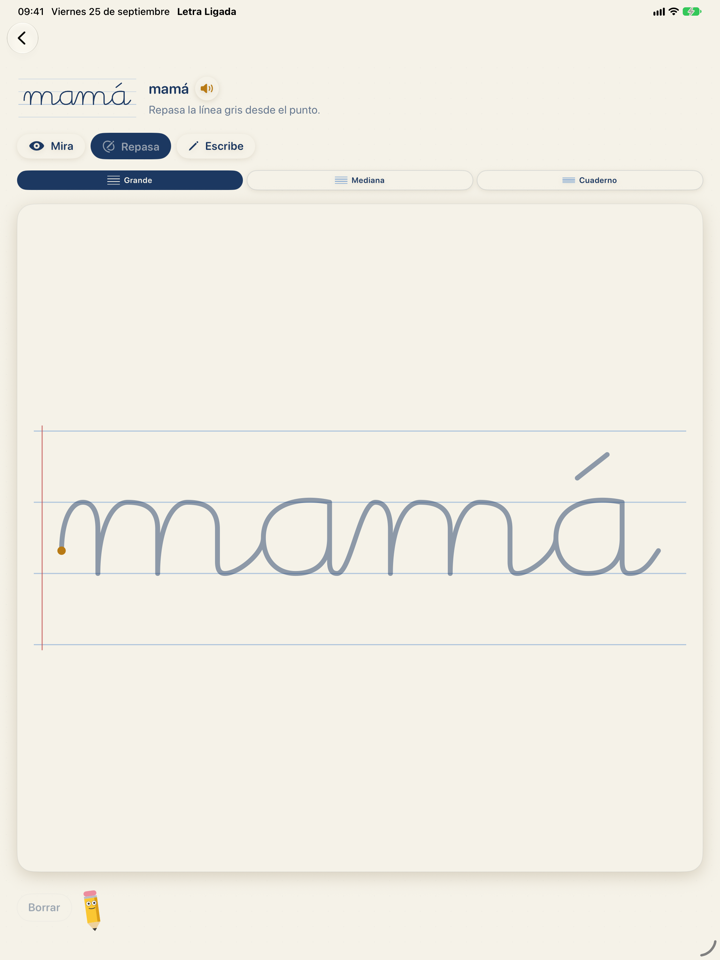 Letra Ligada en el iPad: la palabra «mamá» en letra ligada sobre la pauta de cuatro líneas