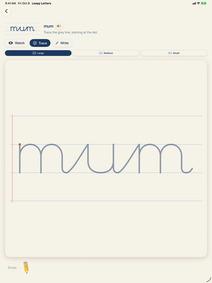 Loopy Letters on iPad: tracing the joined word mum in UK handwriting
