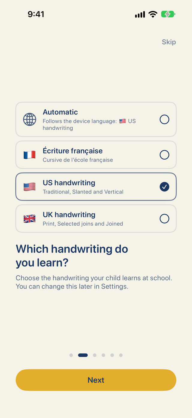 Loopy Letters on iPhone: choosing automatic, French, US or UK handwriting