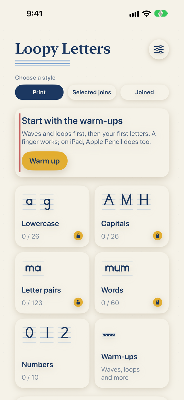 Loopy Letters on iPhone: handwriting workbook home with letters, letter pairs and words
