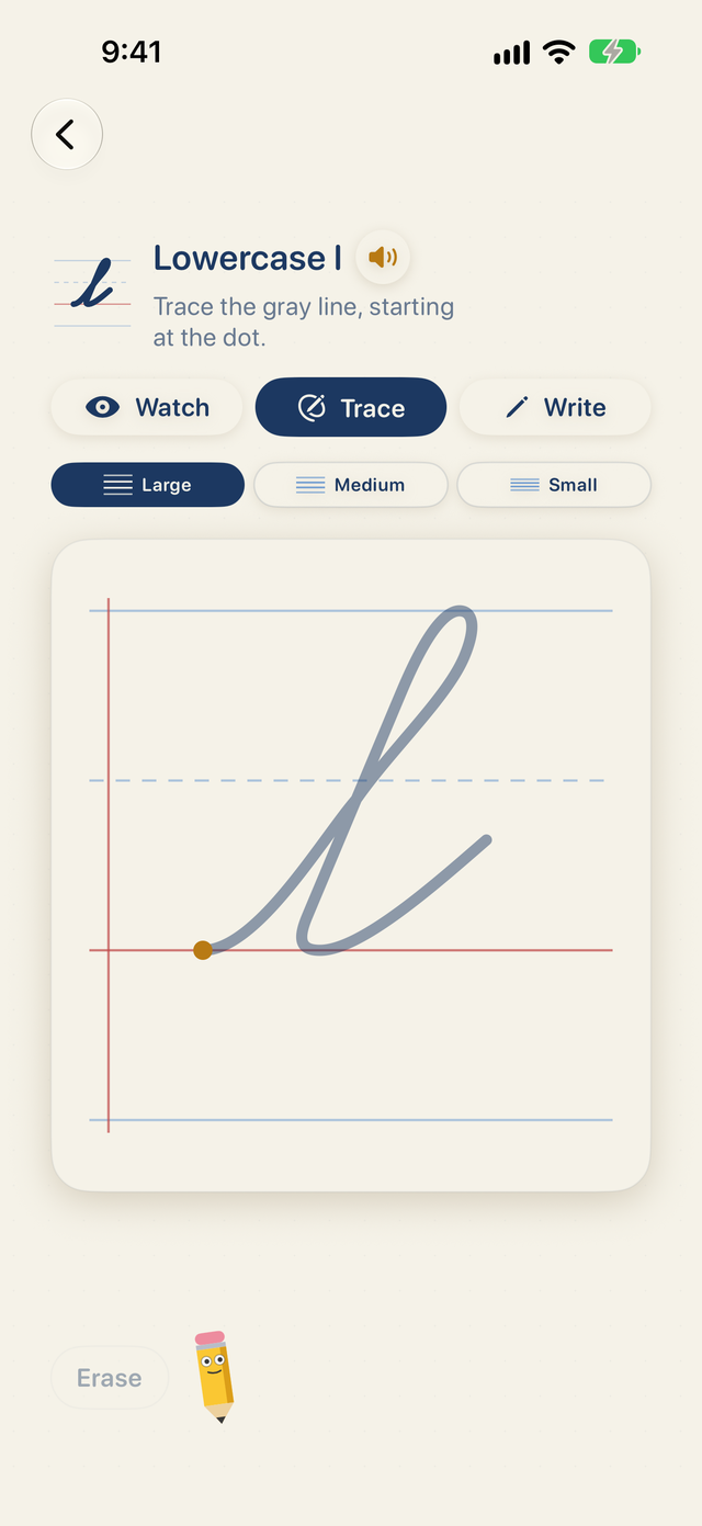 Loopy Letters on iPhone: tracing a cursive lowercase l from the starting dot on primary paper