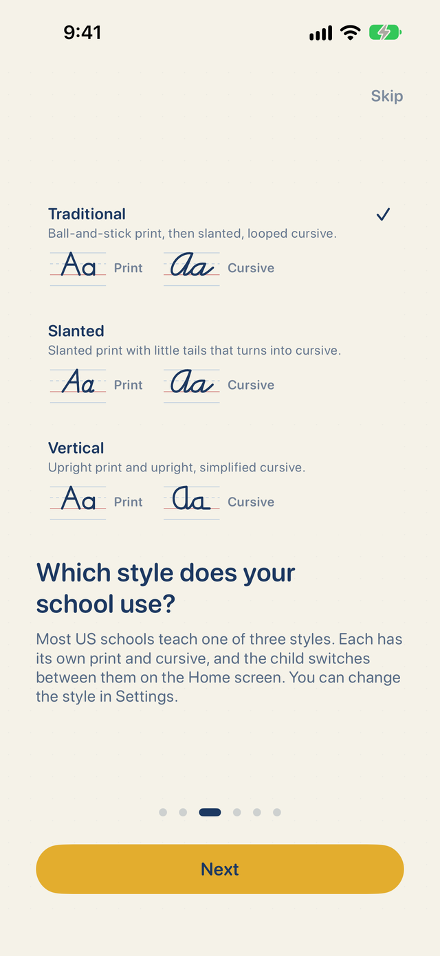 Loopy Letters on iPhone: Traditional, Slanted and Vertical styles, each with print and cursive