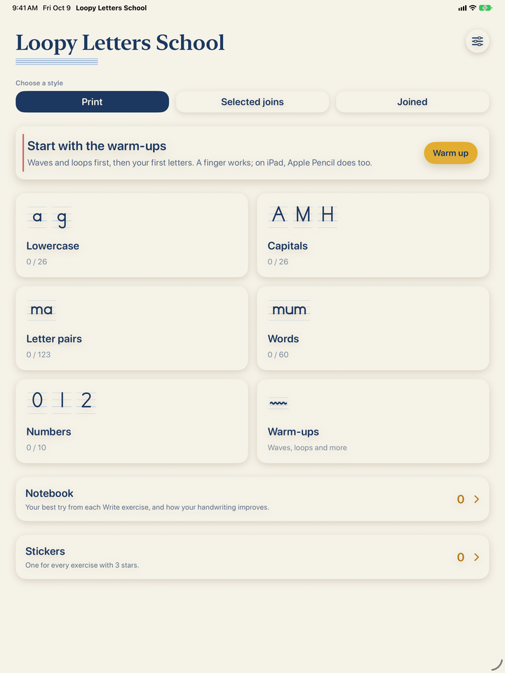 Loopy Letters School on iPad: the Home screen with Print, Selected joins and Joined, and tiles for lowercase, capitals, letter pairs, words, numbers and warm-ups