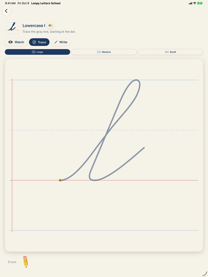 Loopy Letters School on iPad: the Trace step for a cursive lowercase l on primary paper, with the starting dot