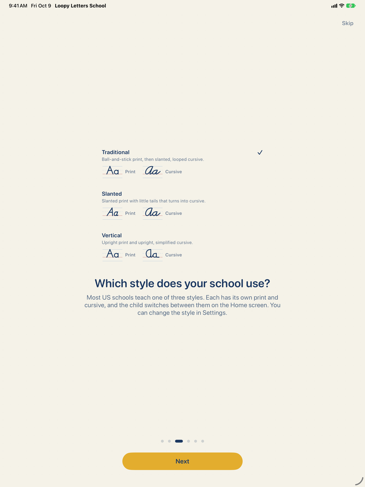 Choosing a US style in Loopy Letters School: Traditional, Slanted or Vertical, each with print and cursive