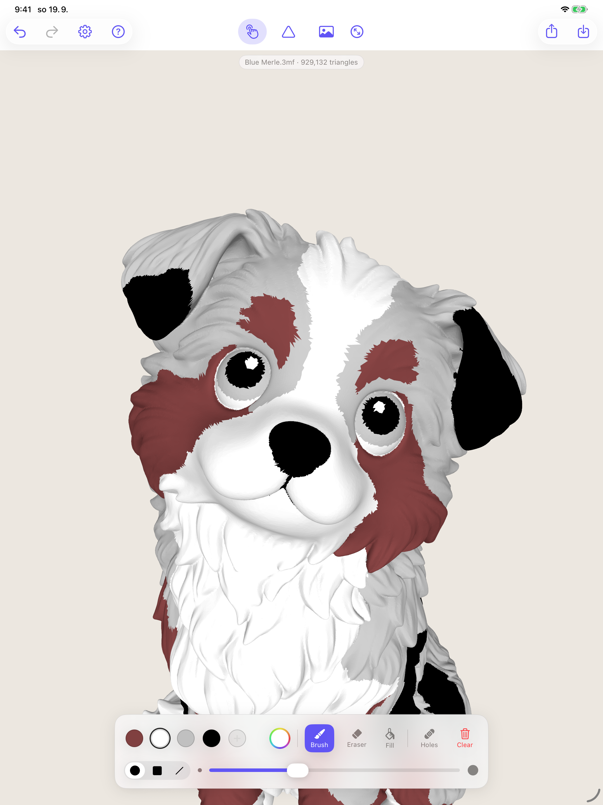 Close-up of the imported painted dog's face and the brush controls in MeshGlaze