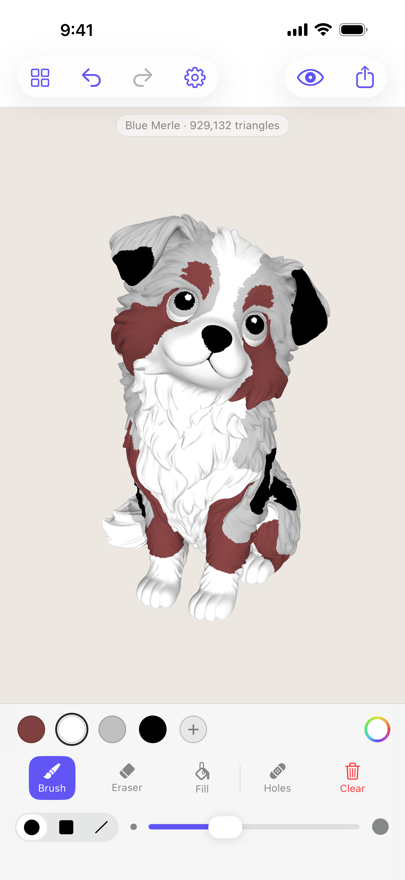 The imported painted dog in MeshGlaze on iPhone, with the palette, tools and brush size under the model