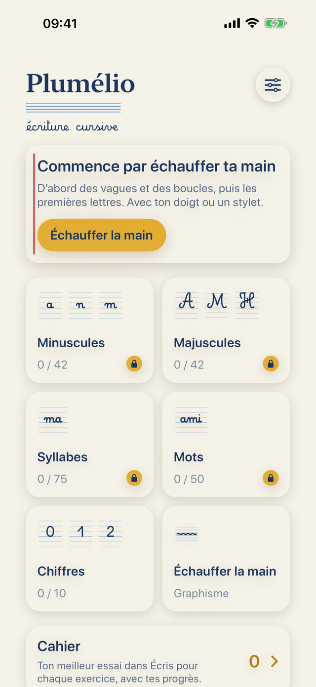 Plumélio sur iPhone : cahier d’écriture cursive avec lettres, syllabes et mots