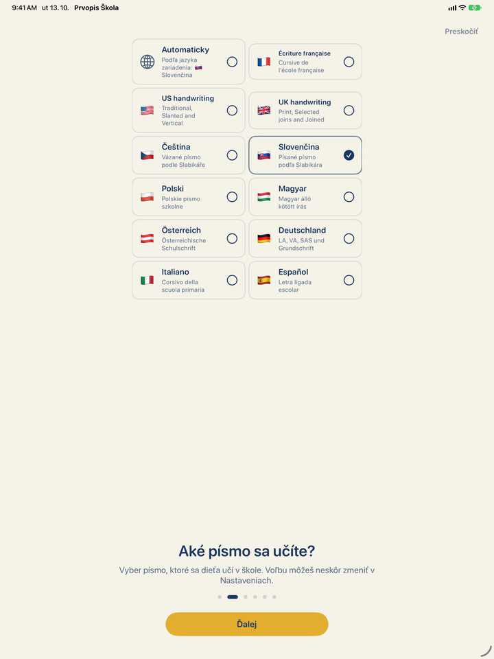 Výber písma v aplikácii: slovenčina, čeština, francúzština, americké a britské písmo, poľština, maďarčina, rakúske a nemecké písmo, taliančina a španielčina