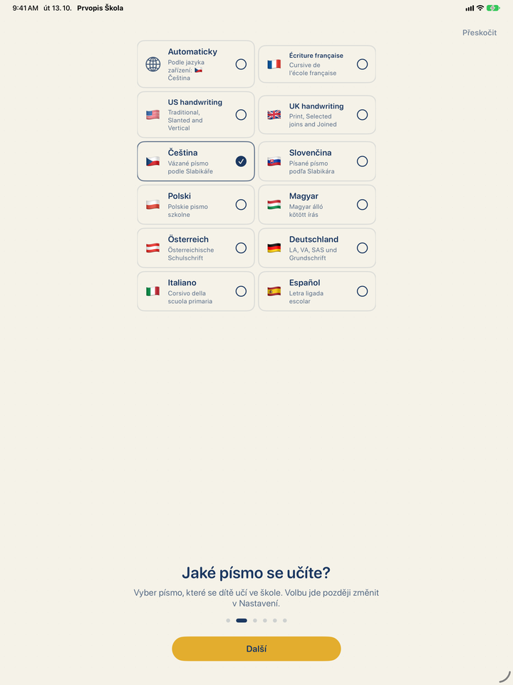Výběr písma v aplikaci: čeština, slovenština, francouzština, americké a britské písmo, polština, maďarština, rakouské a německé písmo, italština a španělština