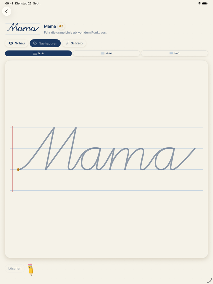 Schreibschrift Deutschland auf dem iPad: das Wort Mama in Schreibschrift auf der Vierlinie