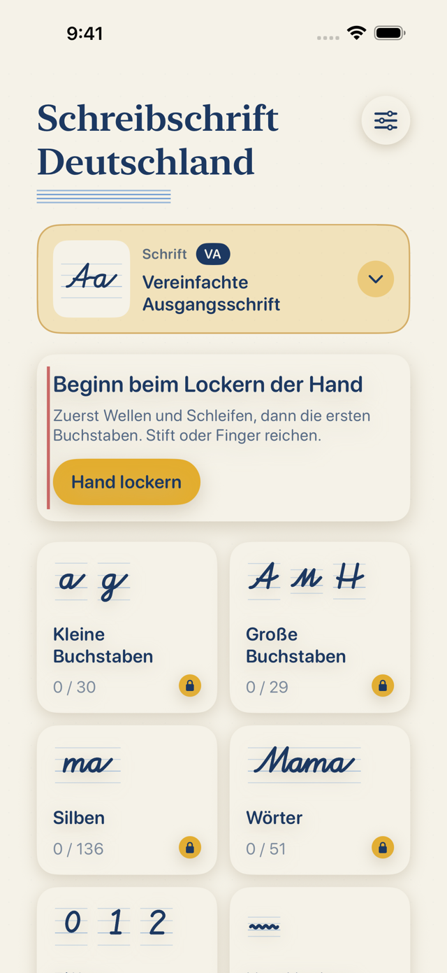 Schreibschrift Deutschland auf dem iPhone: Startseite mit Buchstaben, Silben und Wörtern