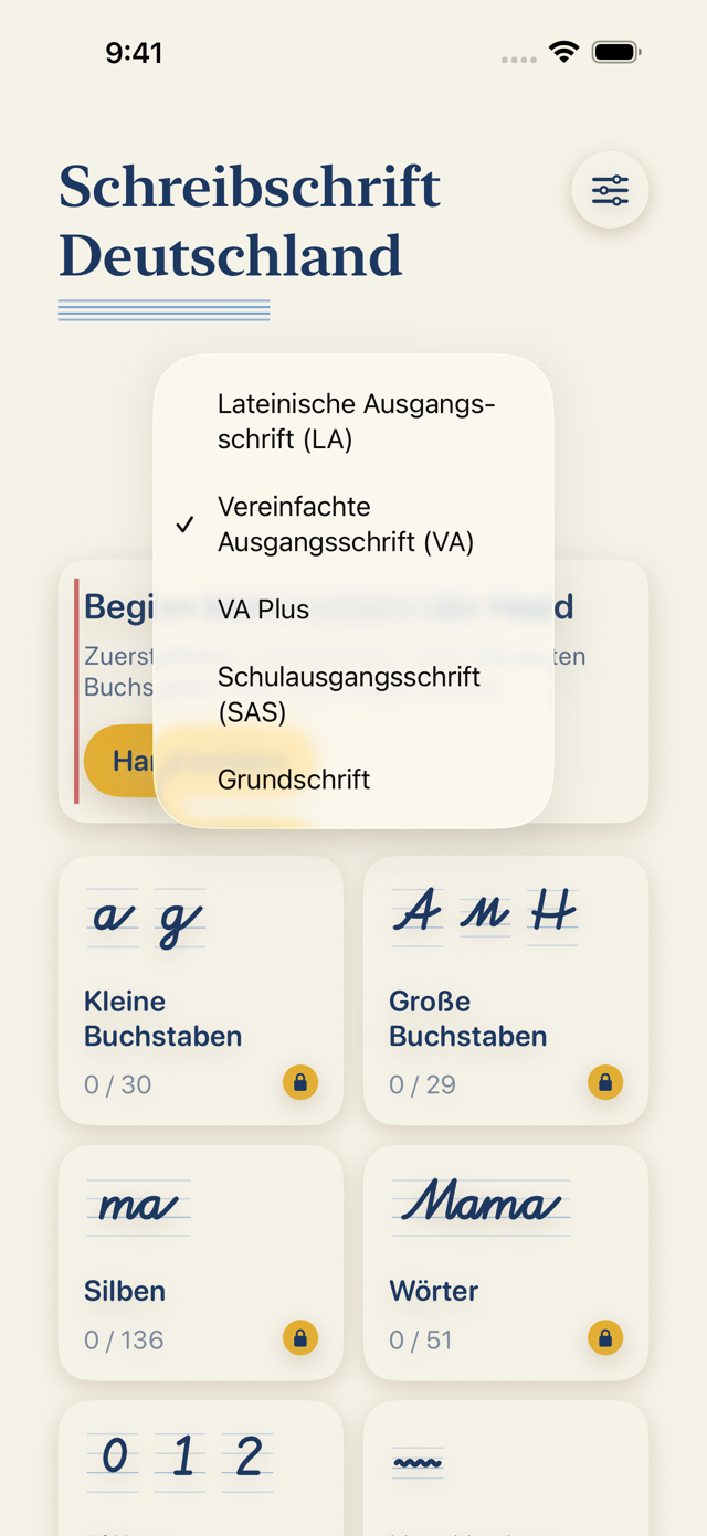 Schreibschrift Deutschland auf dem iPhone: Auswahl von LA, VA, VA Plus, SAS und Grundschrift