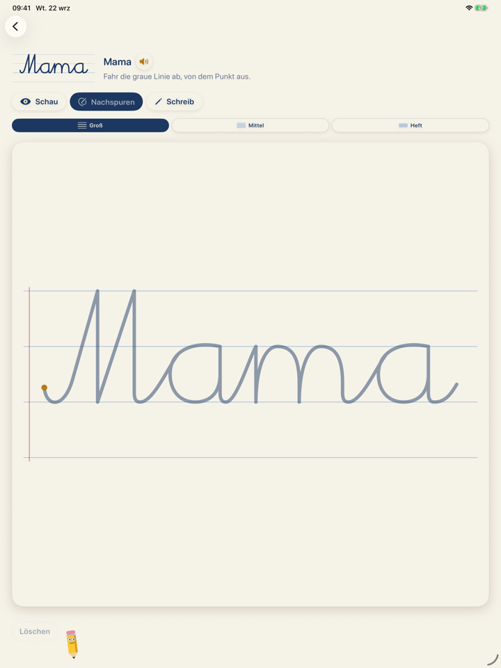 Schreibschrift Österreich auf dem iPad: das Wort Mama in Schreibschrift auf der Vierlinie