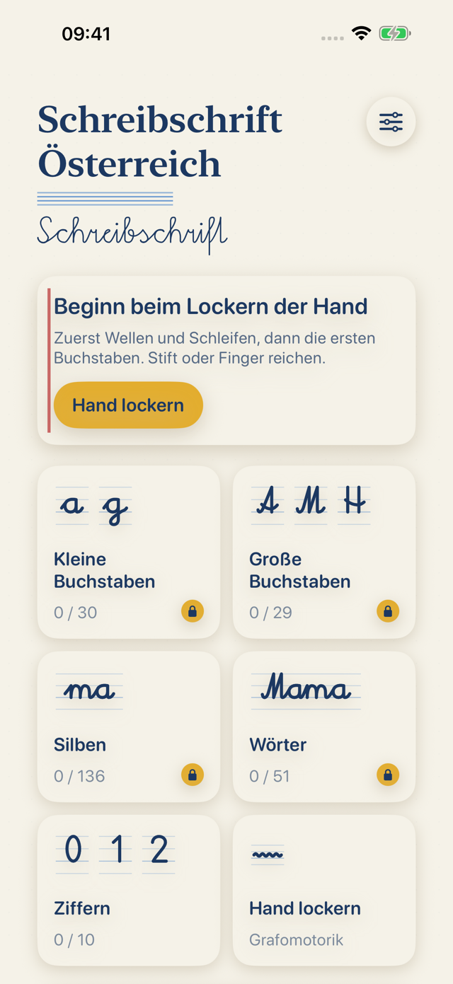 Schreibschrift Österreich auf dem iPhone: Startseite mit Buchstaben, Silben und Wörtern