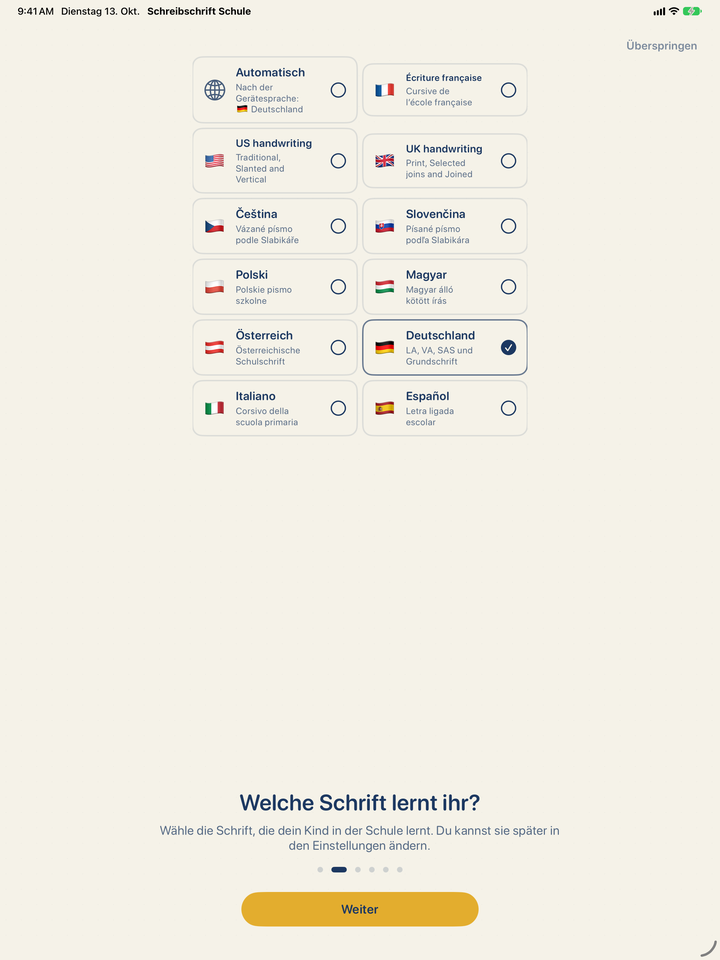 Schriftauswahl in der App: Automatisch, Französisch, US- und UK-Englisch, Tschechisch, Slowakisch, Polnisch, Ungarisch, Österreich, Deutschland, Italienisch und Spanisch