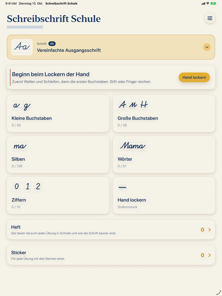 Schreibschrift Schule auf dem iPad: Startseite mit der Vereinfachten Ausgangsschrift und den Kacheln Kleine Buchstaben, Große Buchstaben, Silben, Wörter, Ziffern und Hand lockern
