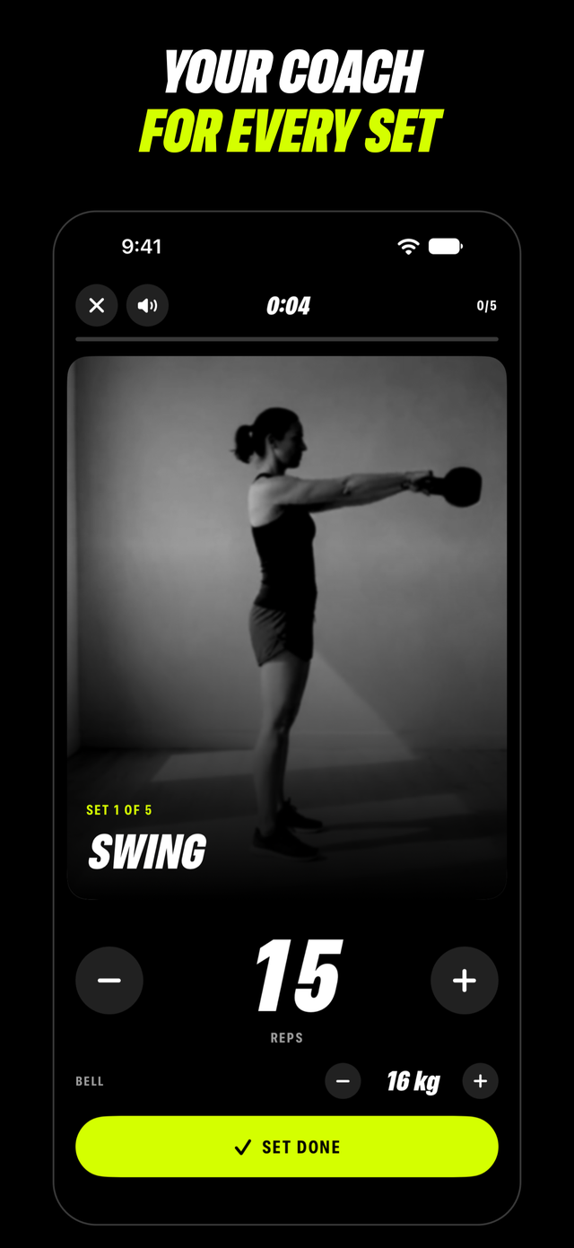 Strongbell workout screen on iPhone: set 1 of 5 of the kettlebell swing, 15 reps with a 16 kg bell and a Set done button, captioned Your coach for every set