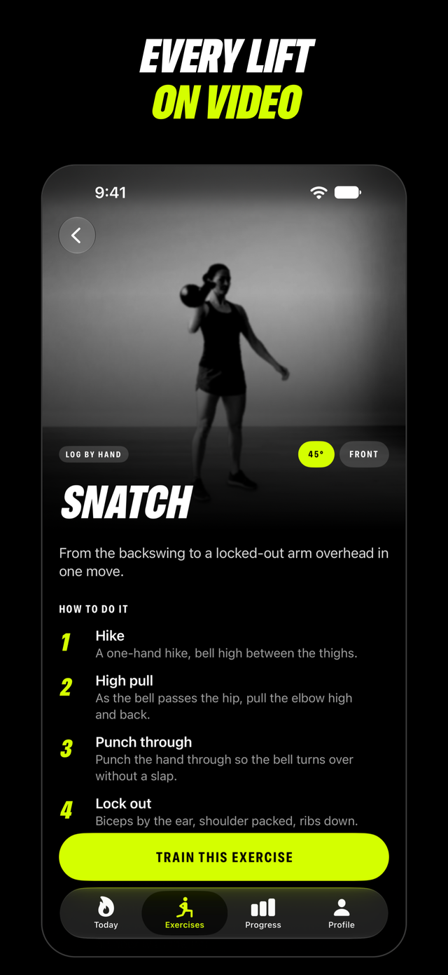Strongbell exercise guide for the kettlebell snatch: a video with 45° and front angles and four steps — hike, high pull, punch through, lock out — captioned Every lift on video