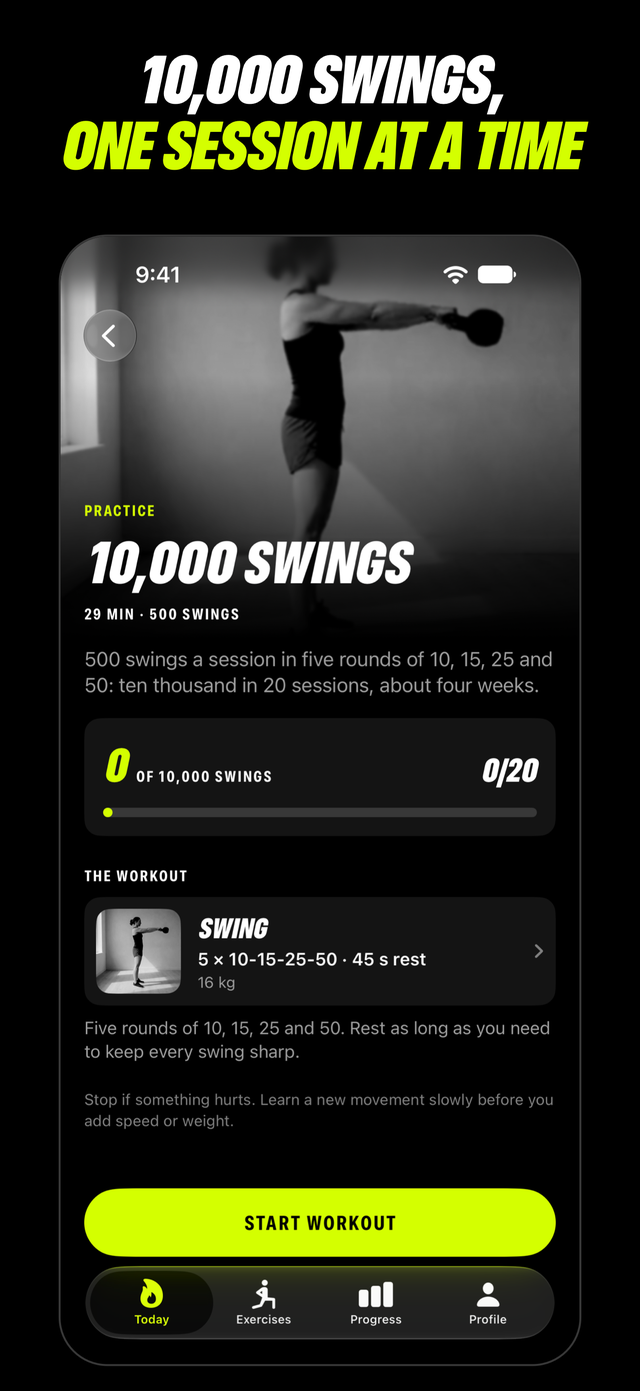 Strongbell 10,000 swings practice: 500 swings a session in five rounds of 10, 15, 25 and 50, 0 of 10,000 swings and 0 of 20 sessions, captioned 10,000 swings, one session at a time