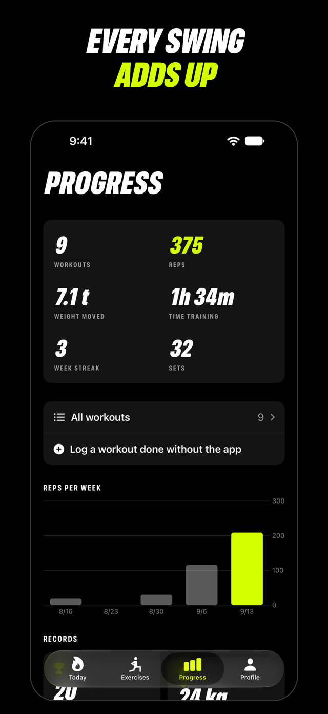 Strongbell Progress screen: 9 workouts, 375 reps, 7.1 t moved, 1 h 34 min training, a 3-week streak and a reps-per-week chart, captioned Every swing adds up