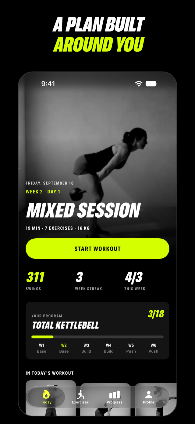 Strongbell Today screen: week 2, day 1, a 19-minute mixed session with 7 exercises and a 16 kg bell, 311 swings this week and the six-week Total Kettlebell program, captioned A plan built around you