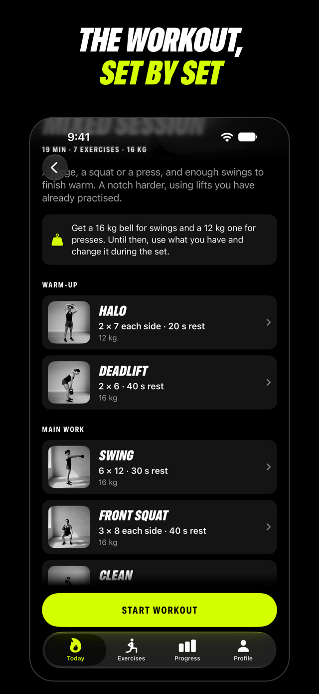 Strongbell workout overview: warm-up with halo and deadlift, main work with swings 6 × 12 at 16 kg, front squats and cleans, and a Start workout button, captioned The workout, set by set
